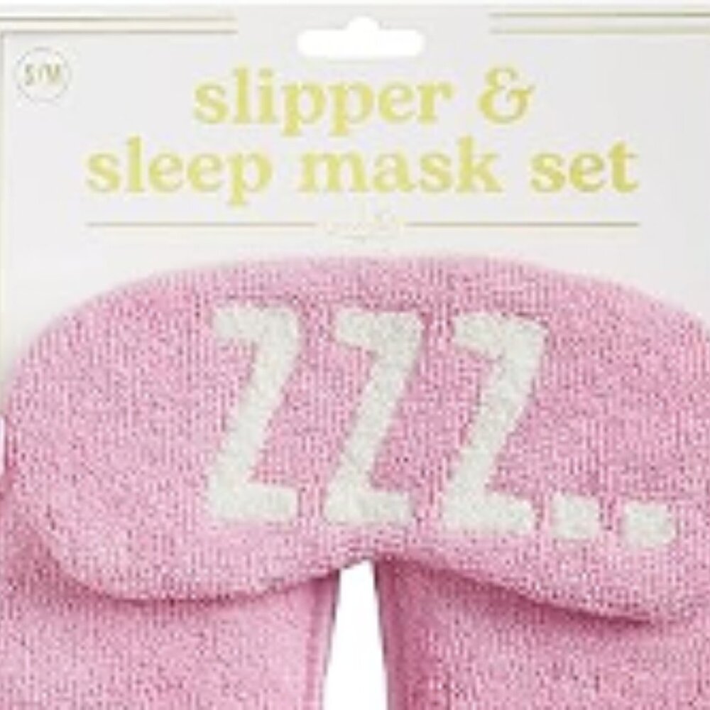 Mud Pie Women's Pink Embroidered Slip On Slippers & Sleep Mask Set S/M, L/XL NEW